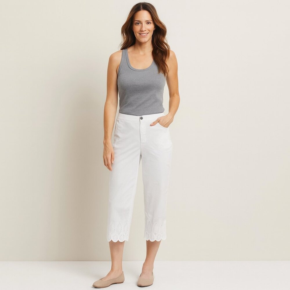Ruby Rd. White Cropped Pants with Eyelet Lace Hem Size 12